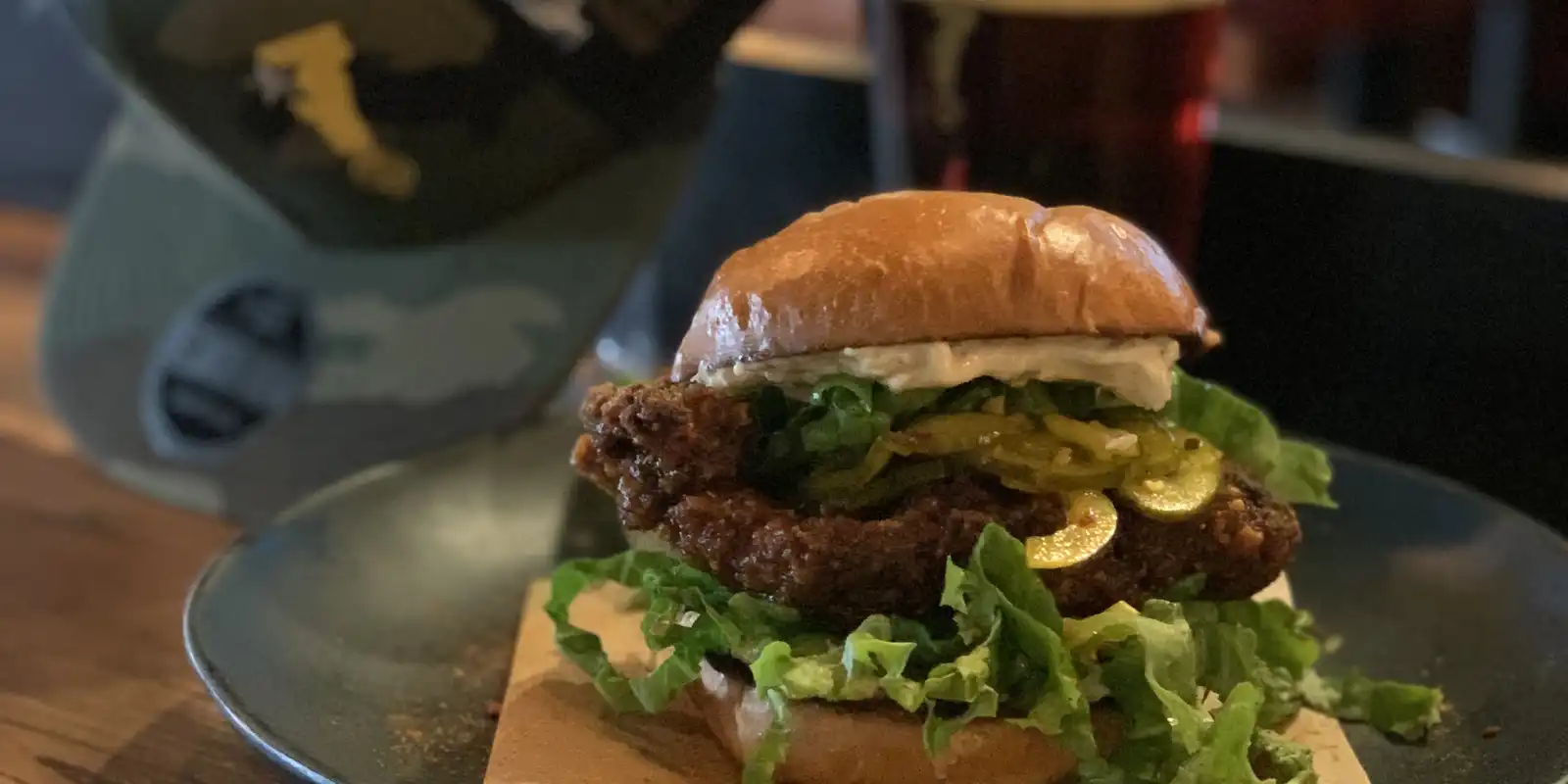 Nashville Hot Sandwich. Hat & beer